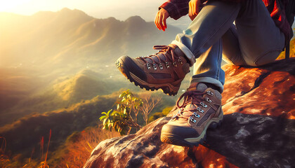Close-up of a hiker's boots on a rocky ledge with a scenic mountain view at sunset, symbolizing adventure and exploration.