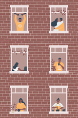 People at the window in brown brick house. Neighbors. Stay at home concept. Vector illustration