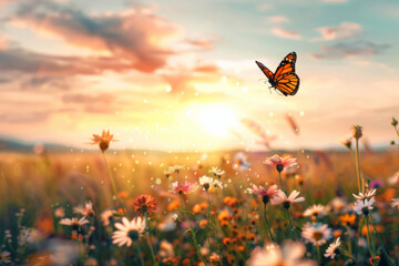 Nature garden field with fresh flower and butterfly, wild grassland in spring season with sunset and beautiful sky background.
