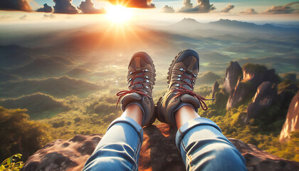 Traveler's feet in hiking boots against a stunning mountain landscape at sunrise, symbolizing adventure and exploration.