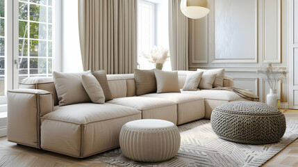 Fototapeta na wymiar Luxury corner beige sofa and poufs in classic apartment. Scandinavian style home interior design of modern living room