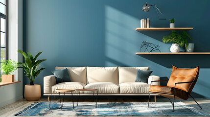 Modern living room and home interior design in a Scandinavian style. Against a blue wall, a beige sofa, a leather chair, and a shelving unit