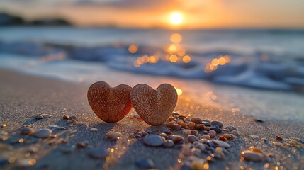 Fototapeta premium Sunset Beach Romance with Heart-Shaped Shells