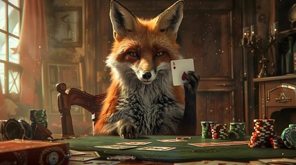 Cunning Fox Engaged in Card Game,Showcasing Faunal Strategizing - obrazy, fototapety, plakaty