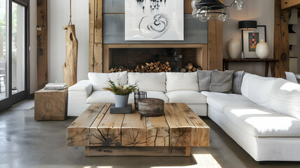 Modern living room and home interior design in a Scandinavian style. Coffee table made of rustic barn wood next to a white sofa and a wall with a fireplace and poster - obrazy, fototapety, plakaty
