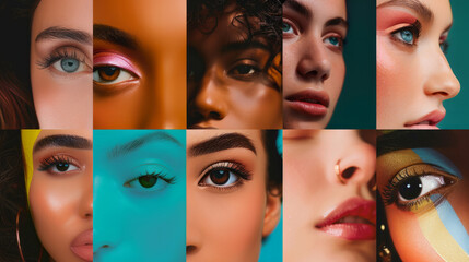 A collage of women's faces with different eye makeup and hair styles. Scene is colorful and diverse, showcasing the beauty of individuality. a moodboard for a cosmetics brand targeting Gen Z