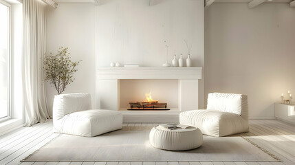 Modern living room and home interior design in a Scandinavian country style. Against the fireplace are two white sofas.