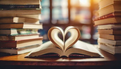  Love story book with open page of literature in heart shape and stack piles of text books on reading desk in library
