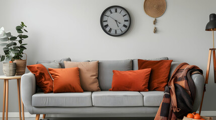 Modern living room and home interior design in a Scandinavian style. Grey couch with terracotta...