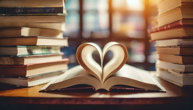 Love story book with open page of literature in heart shape and stack piles of text books on reading desk in library