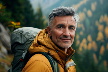 50 years old man passionate about outdoor living and sustainability, set against a natural environment. He should appear confident, equipped for exploration, with a background of forests or mountains - Powered by Adobe