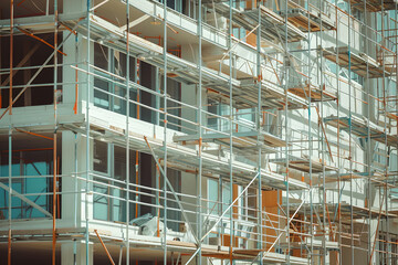 construction scaffold and scaffolding at the construction of new building,solarization effect , Building under construction
