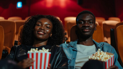 Obraz premium A man and a woman are sitting in a movie theater, holding popcorn