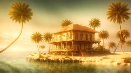 Obraz premium An island in the middle of the ocean and an old house on it in the shade of palm trees. Generative AI, Generative, AI