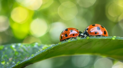 Two Ladybugs Sitting on Top of a Green Leaf
