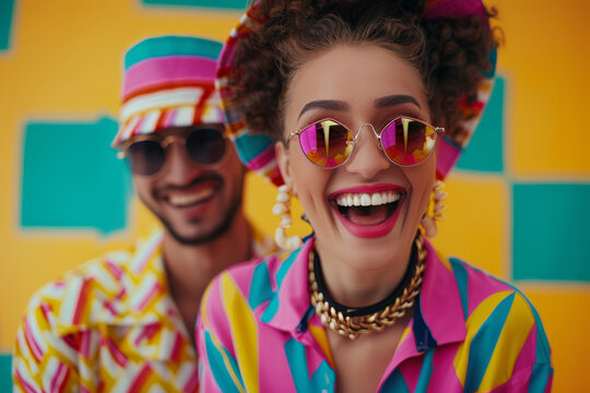 A man and woman are smiling and wearing colorful clothing and sunglasses. Scene is happy and fun. young amercan couple laughing, woman is in a colorful geometric outfits with sunglasses