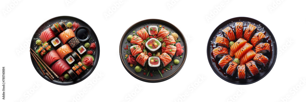 Wall mural Set of salmon tuna sushi on a plates top view, illustration, isolated over on transparent white background