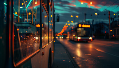 Buses on an evening street
