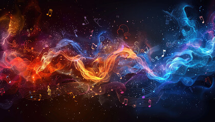 A colorful, swirling line of music notes and stars by AI generated image - obrazy, fototapety, plakaty