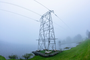 Electrical Power Lines Tower Dam Water Mist Landscape - 780761234