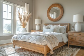 a bedroom is adorned with light wood furniture, beige walls, and a sizable round mirror positioned above the bed
