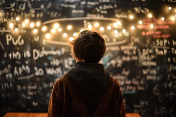 A student standing in front of a chalkboard filled with unsolved equations, student solved math, Ai generated - obrazy, fototapety, plakaty