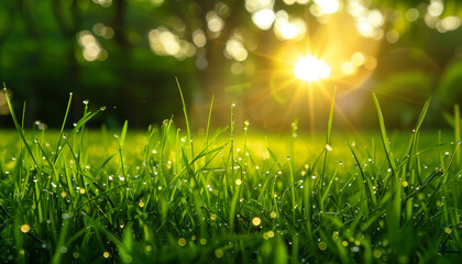 Grass with morning dew and sunlight. 
