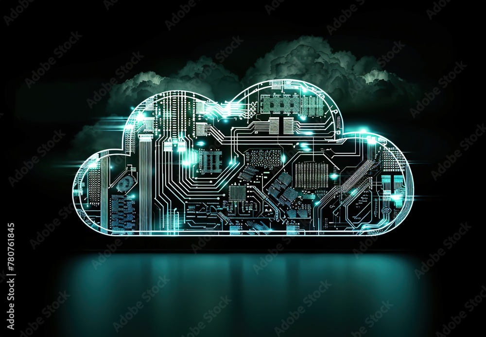 Poster futuristic cloud computing concept: neon lights and diagrams depicting advanced technologies and dat