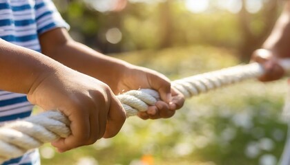 kid children hands holding rope playing tug of war