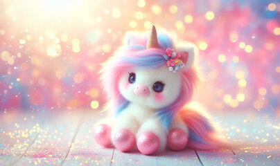 Cute unicorn with bokeh background, lovely baby unicorn & copy space pastel style - obrazy, fototapety, plakaty