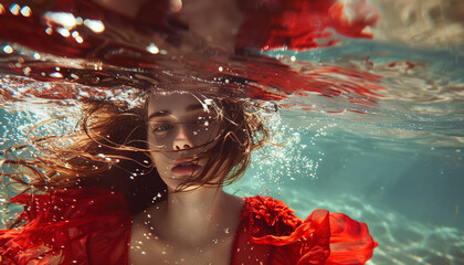 Underwater portrait of woman in red dress