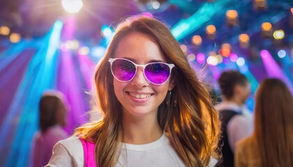  Portrait of a happy girl in a night club with purple and pink spotlight wearing sunglasses. Young...