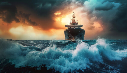 Container ship on rough sea at sunset.