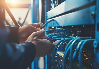 Professional technician working on server rack, connecting cables - data center maintenance - obrazy, fototapety, plakaty