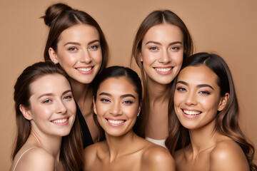 Beauty, diversity and portrait of women happy with makeup for cosmetic skincare isolated in studio brown background. Skin, aesthetic and young friends together for self care, dermatology and support