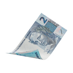 Flying 3D Brazilian Two Reais Banknote with Transparent Background