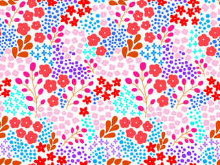 A hand-drawn floral pattern painted in bright colors on a white background.Seamless pattern.