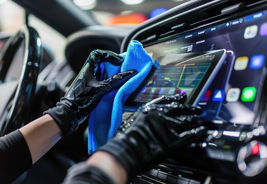 Professional car interior cleaning - detail view of worker's hand wiping dashboard with blue cloth