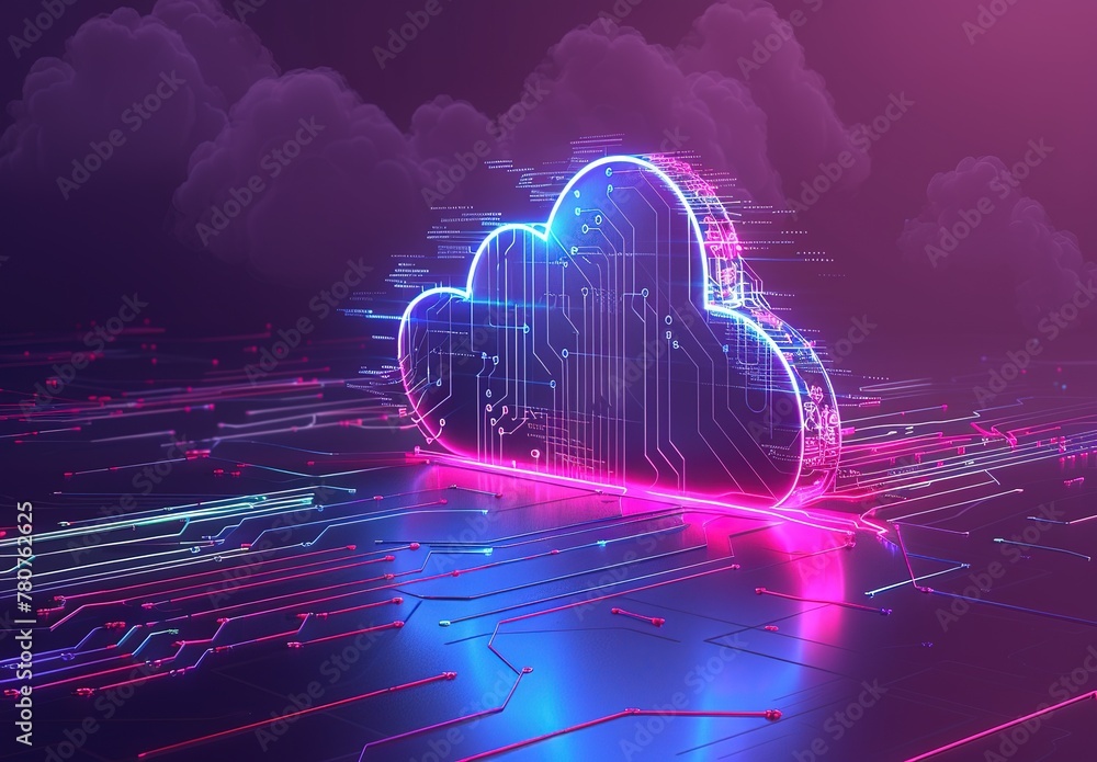 Poster futuristic cloud computing concept: neon lights and diagrams depicting advanced technologies and dat