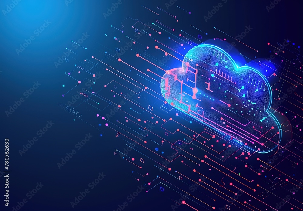 Poster futuristic cloud computing concept: neon lights and diagrams depicting advanced technologies and dat