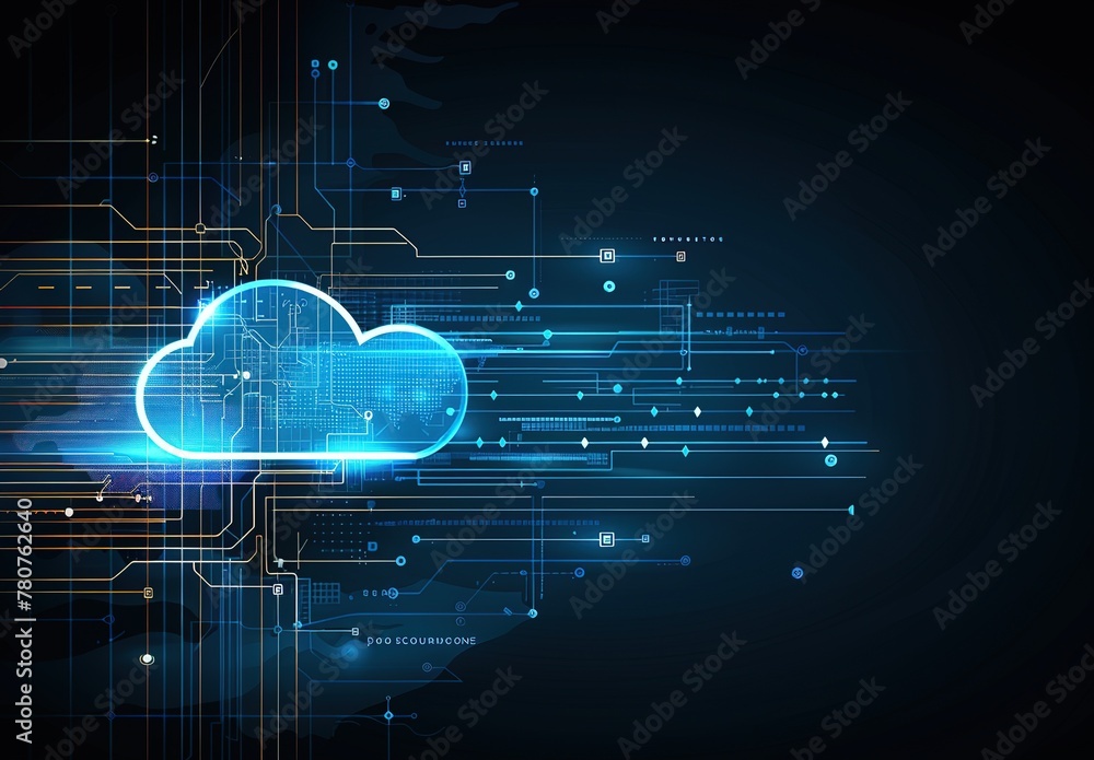 Poster futuristic cloud computing concept: neon lights and diagrams depicting advanced technologies and dat