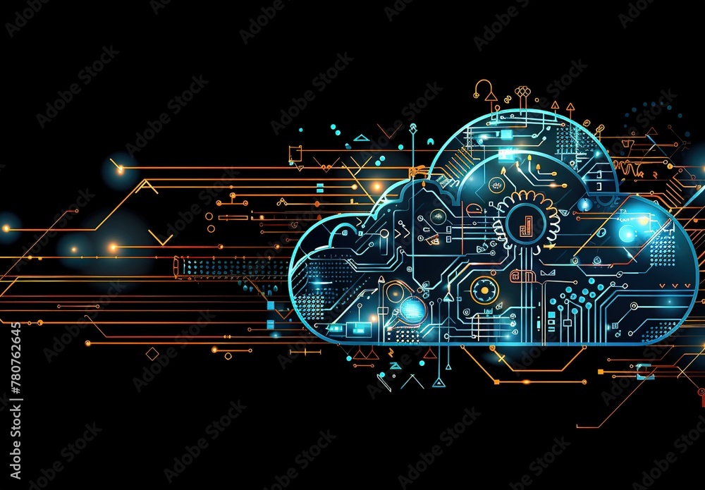 Poster futuristic cloud computing concept: neon lights and diagrams depicting advanced technologies and dat