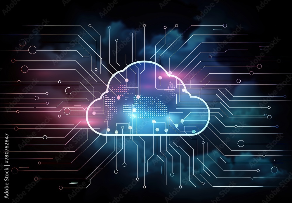 Poster futuristic cloud computing concept: neon lights and diagrams depicting advanced technologies and dat