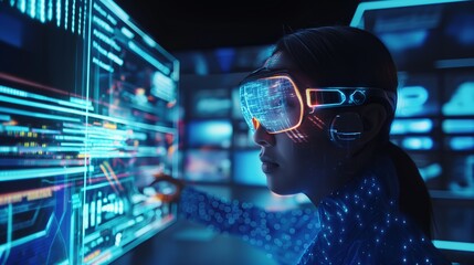 A woman wearing augmented reality glasses, interacting with holographic data in a futuristic workspace. A Doctor or Scientist working with data