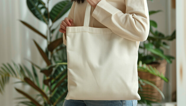 Woman holding blank eco tote bag 