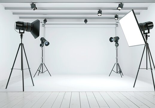 Professional photography studio with state of the art lighting equipment and white background, ideal for portraits, product shots and more.