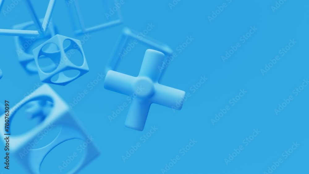 Poster abstract 3d blue geometric shapes rotating animation loop. modern minimalistic background. 3d render