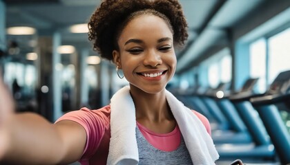  Joyful woman taking a selfie in a gym, radiating confidence and positivity after a workout session 