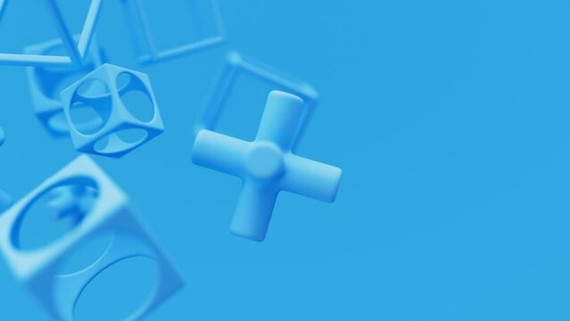 Abstract 3d blue geometric shapes rotating animation loop. Modern minimalistic background. 3d render