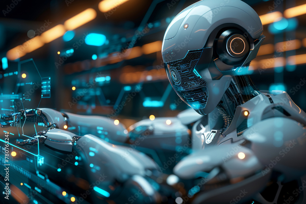 Poster futuristic robot with advanced technology interface